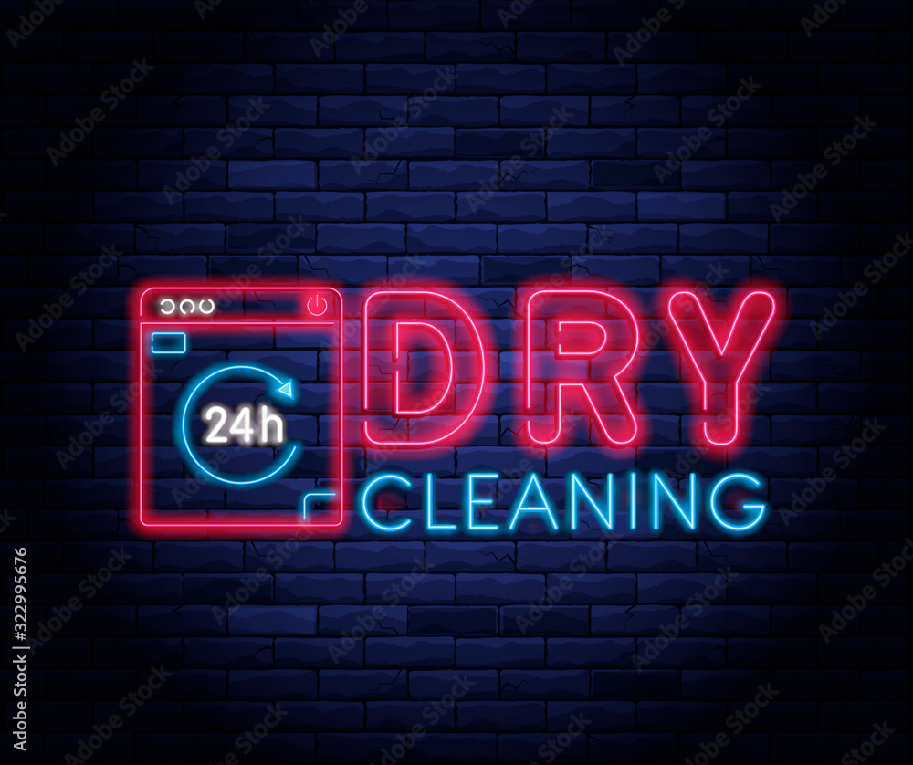 Obraz premium Dry cleaning service neon banner. Laundry room neon symbol on background of brick wall vector illustration. 24 hour laundromat service night neon signboard.