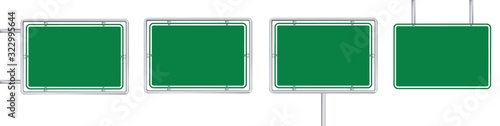 set of 4 blank green road sign isolated on white background	