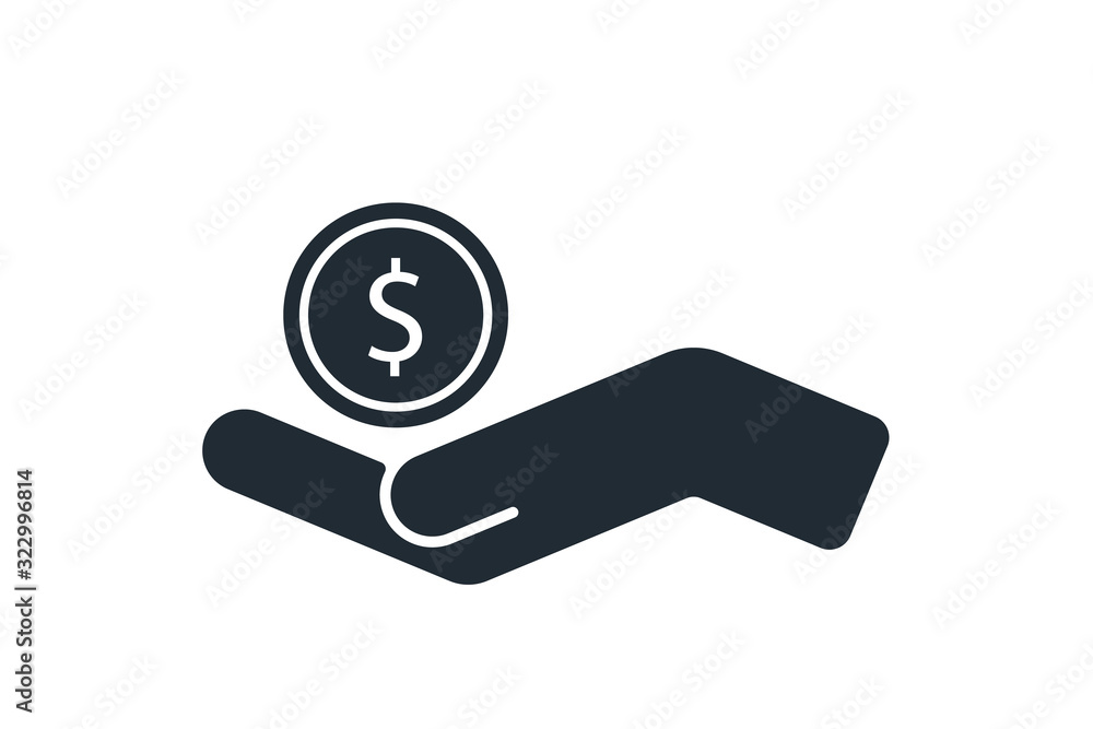 Hand holds a coin symbol. Money earning icon. Hand holds a coin symbol. Money earning icon.