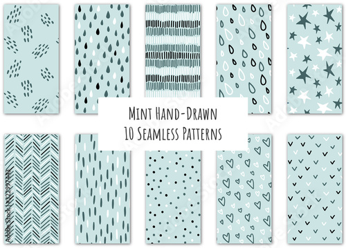 Set of 10 sketchy hand-drawn vector seamless patterns in mint and pine colours - for wallpaper, paper, fabric, textile design