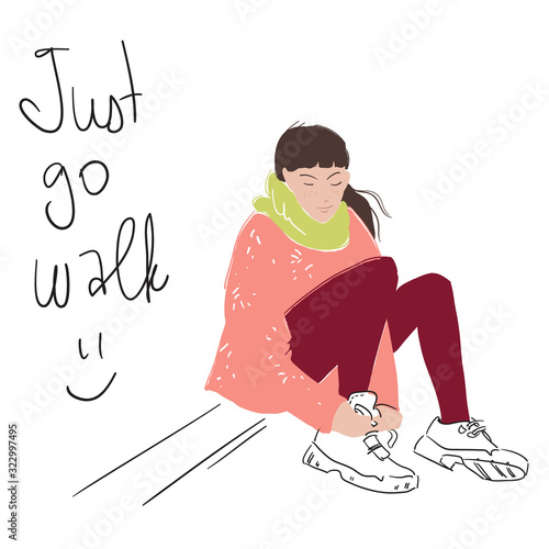 Just go walk! Fashion illustration of a young woman sitting lacing the walking  shoes.