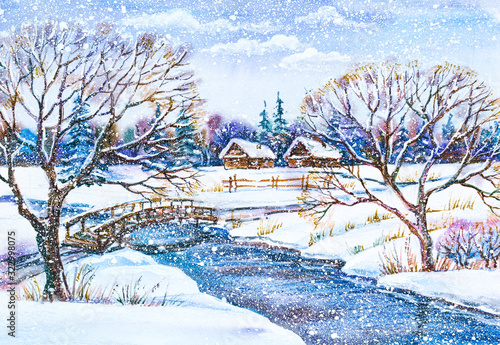 Watercolor painting: Russian winter village landscape with river and wooden bridge