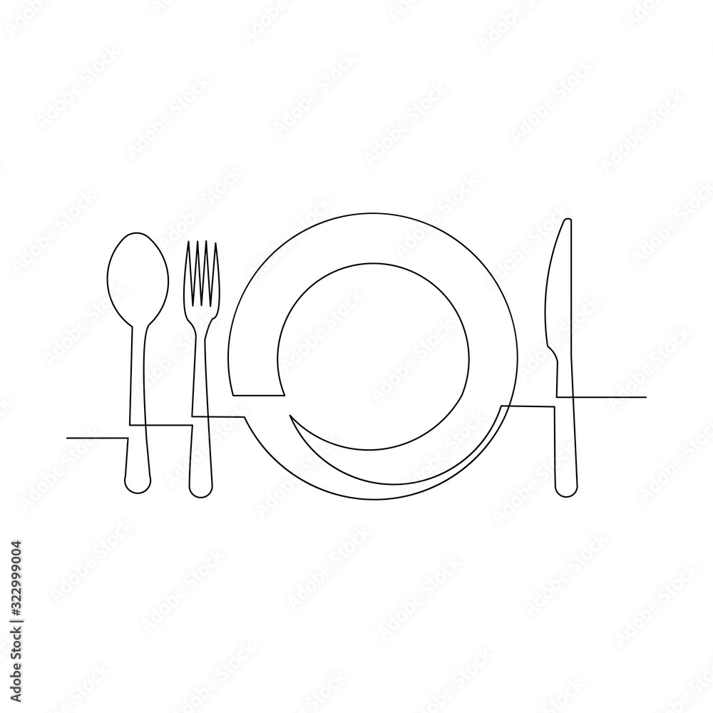 Fototapeta Continuous line drawing of clean plate, spoon, fork, and knife. One line art concept for restaurant and cafe. Vector illustration.