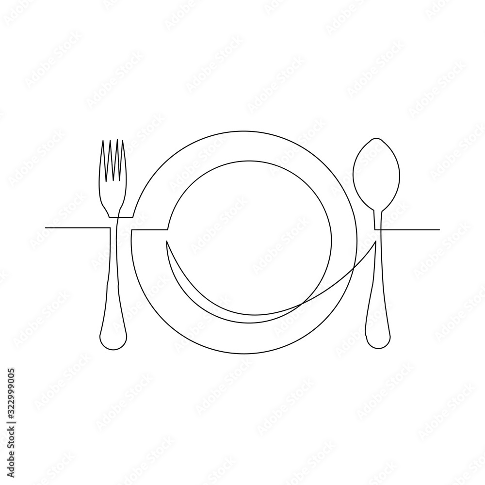 Fototapeta Continuous line drawing of clean plate, spoon, and fork . Vector illustration.