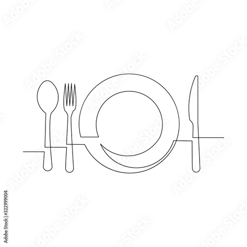 Continuous line drawing of clean plate, spoon, fork, and knife. One line art concept for restaurant and cafe. Vector illustration.