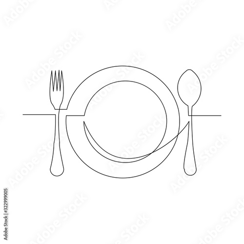 Continuous line drawing of clean plate, spoon, and  fork . Vector illustration.