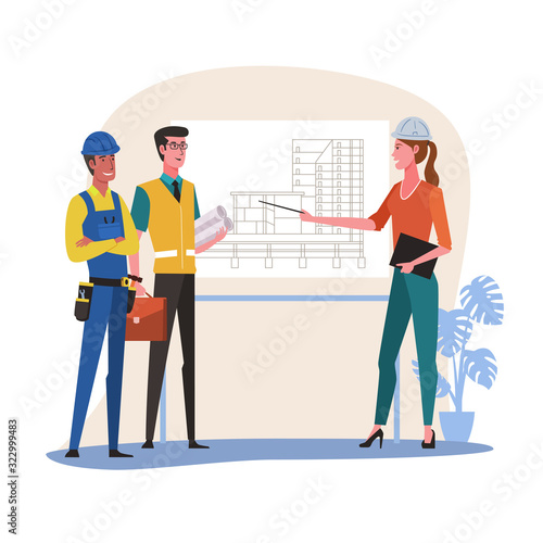 Woman architect and construction engineer meeting for architectural project. Architect pointing at building model and blueprint plan