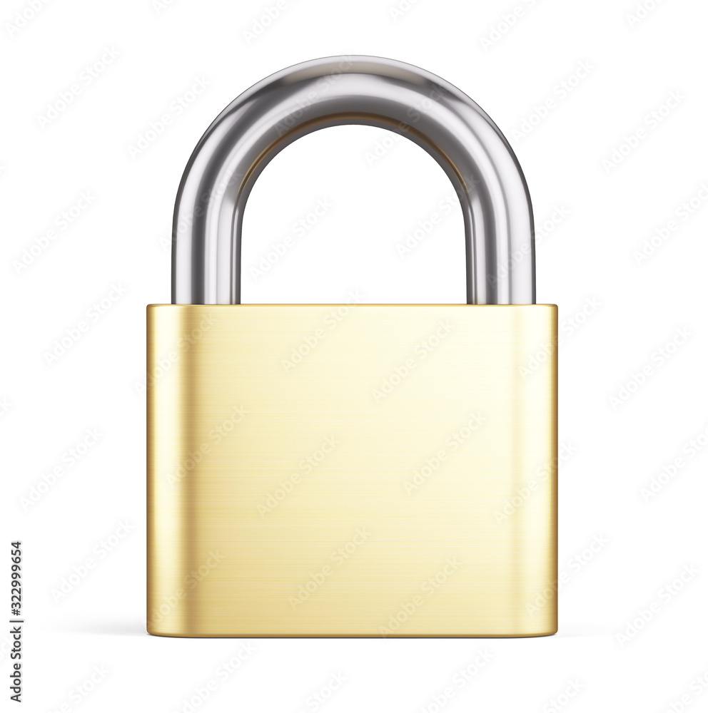 Closed Golden Metal Padlock Icon Isolated on White Background. Concept of Steel Lock for Protection Privacy, 3d realistic rendering. Closed Golden Metal Padlock Icon Isolated on White Background. Concept of Steel Lock for Protection Privacy, 3d realistic rendering.