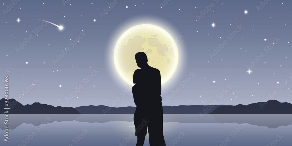 romantic night couple in love at the sea with full moon and falling stars vector illustration EPS10 romantic night couple in love at the sea with full moon and falling stars vector illustration EPS10