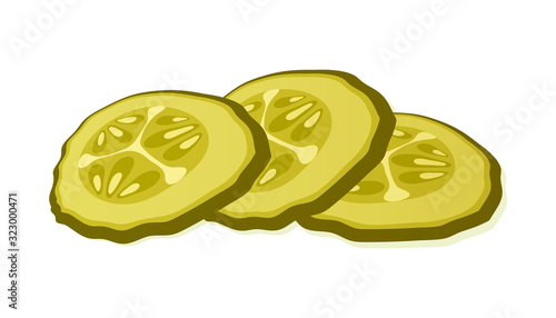 Pickled cucumber slice isolated on white background. Marinated pickled cucumber isolated. Vector Illustration.