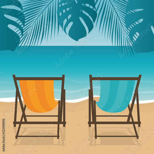 two deck chairs on the palm beach summer holiday vector illustration EPS10