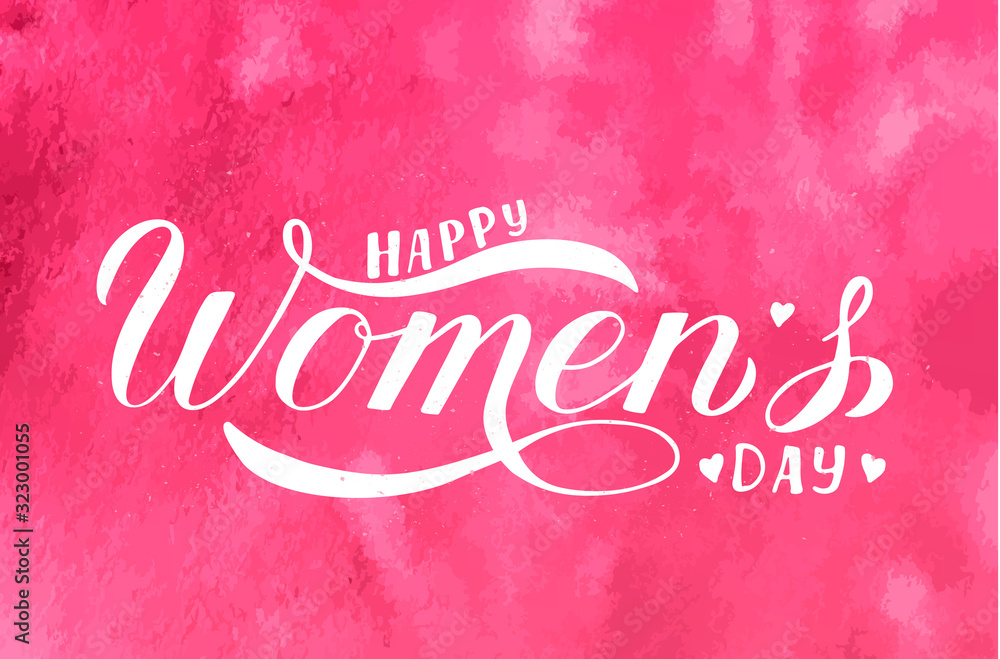Happy Women s Day calligraphy hand lettering on pink watercolor background. International woman s day typography poster. Easy to edit vector template for party invitation, greeting card, flyer, etc. Happy Women s Day calligraphy hand lettering on pink watercolor background. International woman s day typography poster. Easy to edit vector template for party invitation, greeting card, flyer, etc.