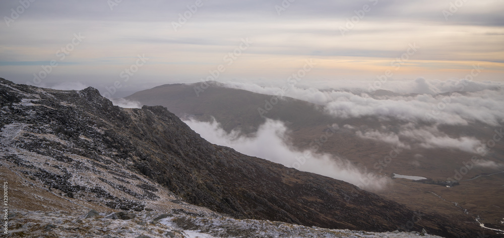 Welsh valley view of Snowdonia National Park in Wales with low cloud