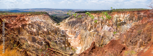 Lavaka of Ankarokaroka erosion canyon in Ankarafantsika National Park, moonscape lanscape in Madagascar, Africa wilderness nature landscape, Panorama photo