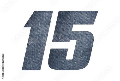 Number 15 with jeans fabric texture on white background.