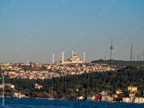 The new Camlica Mosque can be seen from the Bosporus in Istanbul, Turkey