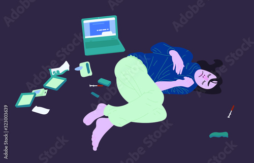 Poor girl with syringes, using heroin. Young woman with an opioid disorder. Sad female suffering from drug addiction problem. Flat cartoon colorful vector illustration.
