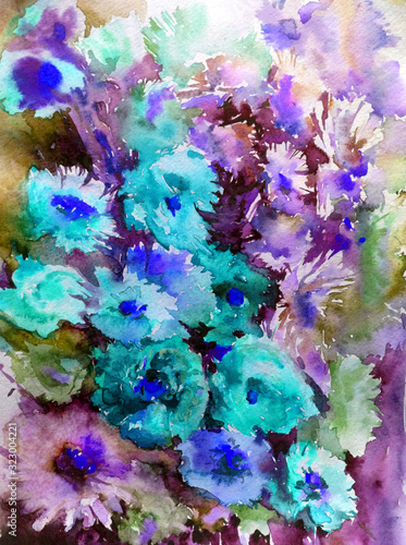 Abstract bright colored decorative background . Floral pattern handmade . Beautiful tender romantic bouquet of summer aster flowers   made in the technique of watercolors from nature.