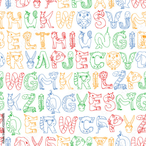 Animal alphabet. Zoo alphabet. Letters from A to Z. Cartoon cute animals. Elephant  dog  flamingo  giraffe  horse  alligator  bear  cat.