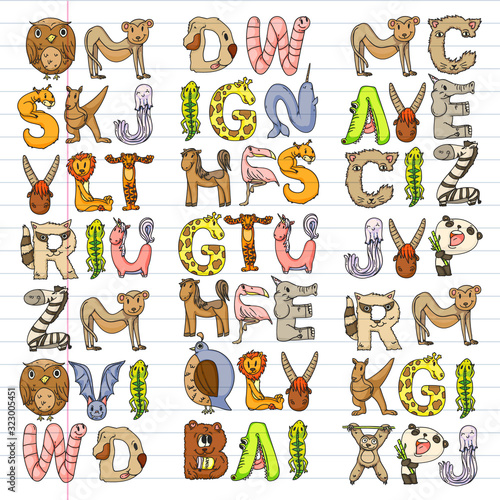 Animal alphabet. Zoo alphabet. Letters from A to Z. Cartoon cute animals. Elephant, dog, flamingo, giraffe, horse, alligator, bear, cat. © Anastasia
