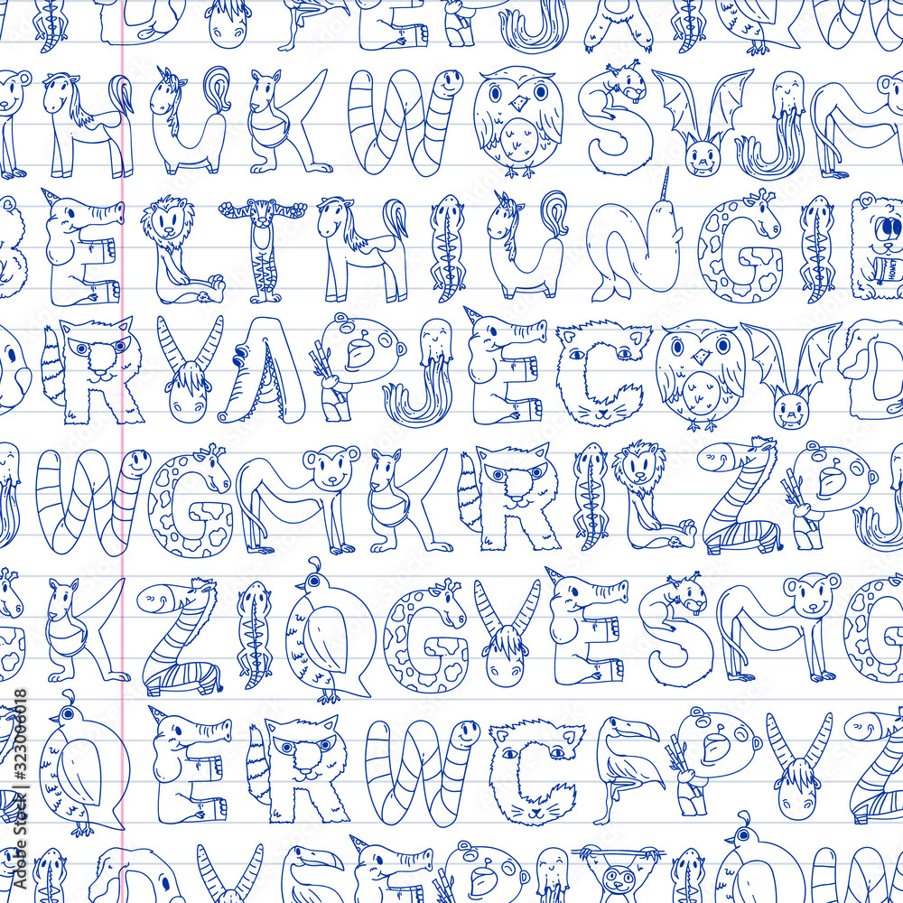 Animal alphabet. Zoo alphabet. Letters from A to Z. Cartoon cute animals. Elephant, dog, flamingo, giraffe, horse, alligator, bear, cat. Animal alphabet. Zoo alphabet. Letters from A to Z. Cartoon cute animals. Elephant, dog, flamingo, giraffe, horse, alligator, bear, cat.