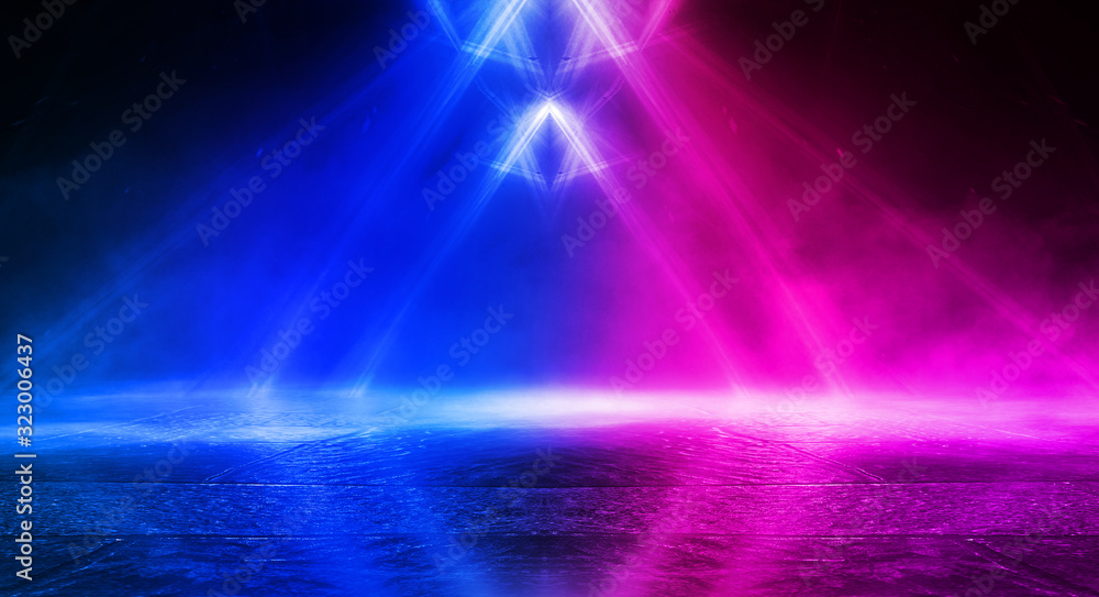 Empty stage, blue and pink, purple  neon, abstract background. Rays of searchlights, light, abstract tunnel, corridor. Dark futuristic background, smoke, smog.