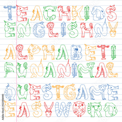 Animal alphabet. Zoo alphabet. Letters from A to Z. Cartoon cute animals. Elephant, dog, flamingo, giraffe, horse, alligator, bear, cat.