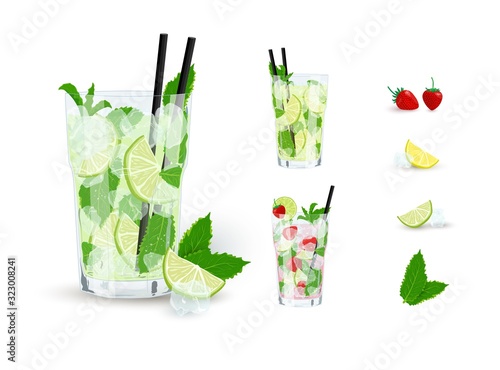 Vector collection of Mojito cocktails with ingredients isolated on white background. Classic and strawberry Mojito, lemonade set. Design elements for card, flyers, menu, bar, posters.