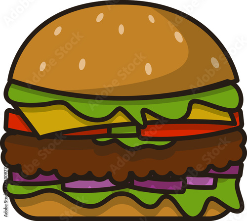 Cartoon burger with vegetables and cutlet