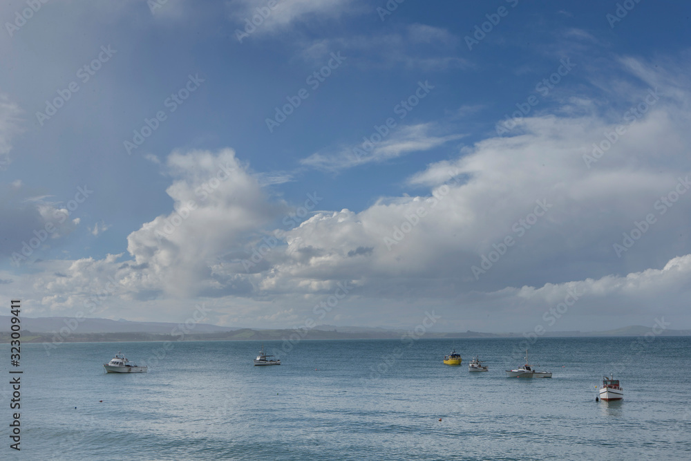 Moeraki coast and sea. Boats. New Zealand