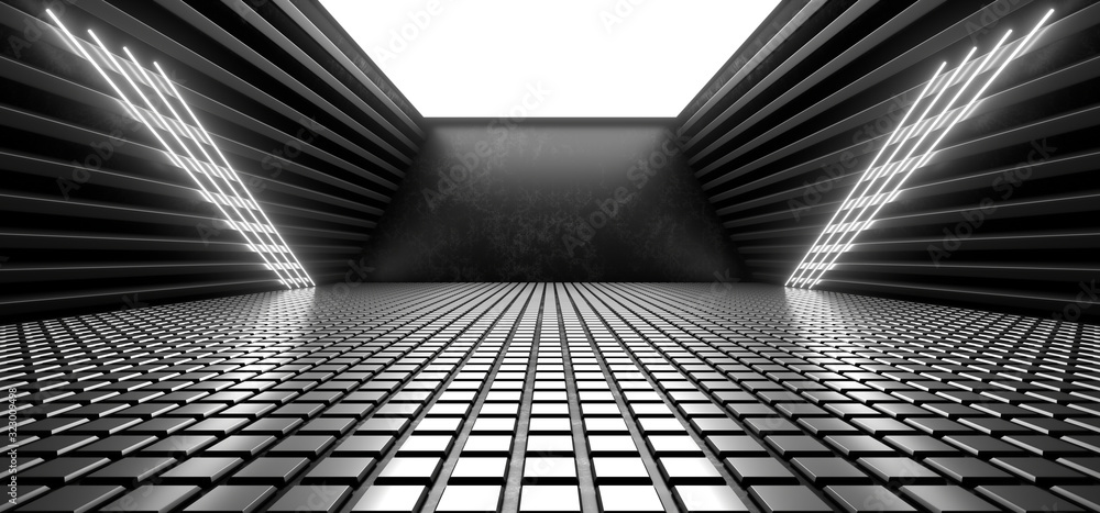 Naklejka premium Beautiful composition of white neon lights on a black background. 3d rendering image.