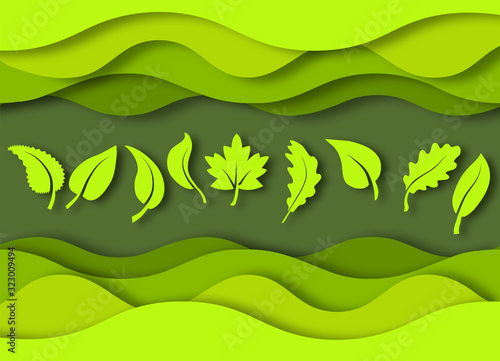 3d green waves  shapes with leaves in paper cut style. Vector multi layered spring design  width shadow.