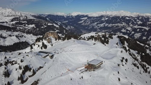 Aerial view of skiers on ski slopes in Penken area, Mayrhofen ski resort, Tyrol, Austria. photo