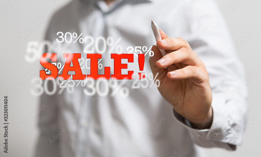 percent shopping digital in hand 3d.