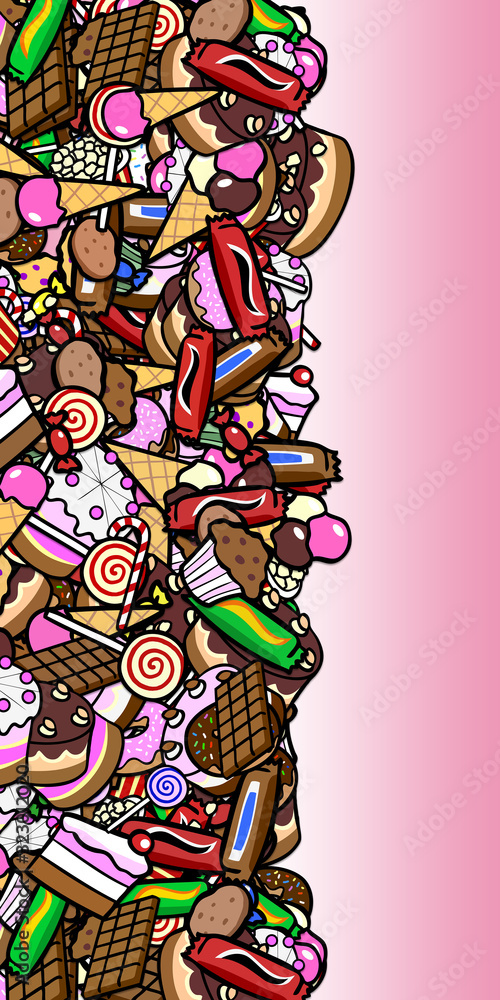 Rahmen mit vielen Süßwaren und Süßigkeiten