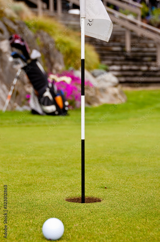Obraz premium Golf ball on green with flag. Shallow depth of field. Focus on the flag.