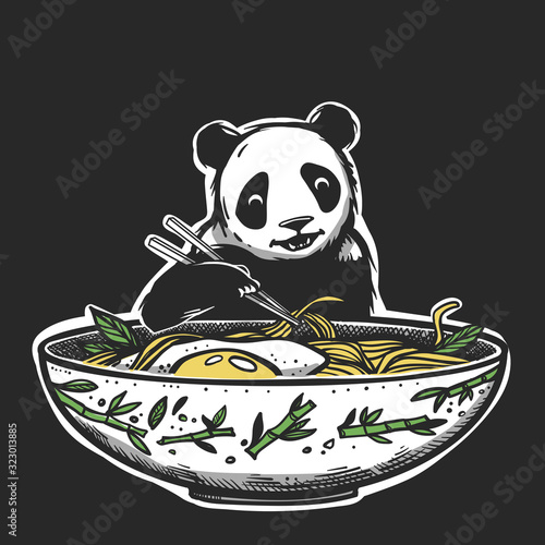 Panda eating ramen noodles with egg. Panda holding sticks.