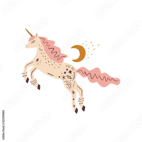 Cute isolated stylish boho moon unicorn composition. Good night concept. Magical animals. Pastel colors. Pony nursery print. Vector
