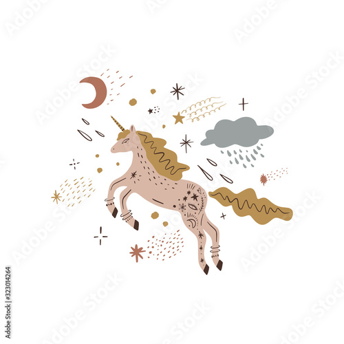 Cute isolated stylish boho moon unicorn composition. Good night concept. Magical animals. Pastel colors. Pony nursery print. Vector