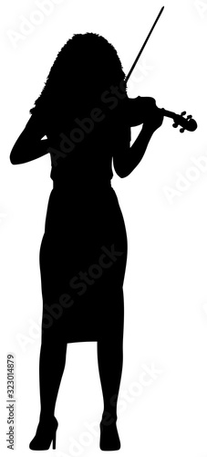 Silhouette of a full-length violinist girl playing the violin.