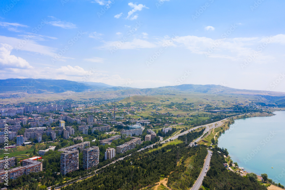 panorama of the new district of Tbilisi and Tbilisi sea or Tbilisi reservoir landscape in Tbilisi, Georgia.