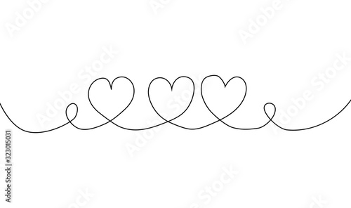 three heart line draw on white isolated background. Continuous one line drawing.