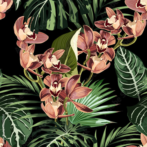 Tropical beautiful flowers pretty pattern. Seamless cute orchids and tropical palm leaves background. Use for textile, dress, wallpaper, home design.