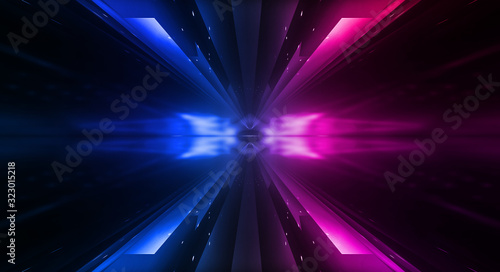 Empty stage, blue and pink, purple neon, abstract background. Rays of searchlights, light, abstract tunnel, corridor. Dark futuristic background, smoke, smog.