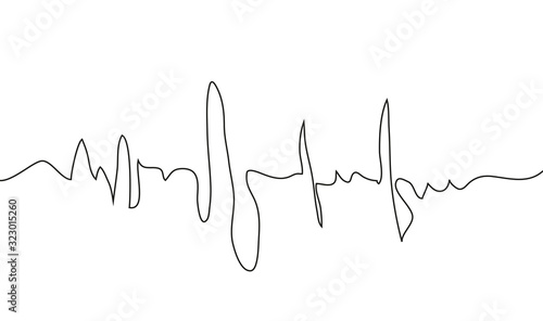 Human heart and rhythm silhouette, single continuous black line. Healthy, medicine. Sketch, outline drawing.
