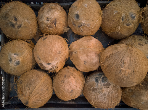 Coconuts on display at market