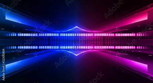 Empty stage, blue and pink, purple neon, abstract background. Rays of searchlights, light, abstract tunnel, corridor. Dark futuristic background, smoke, smog.