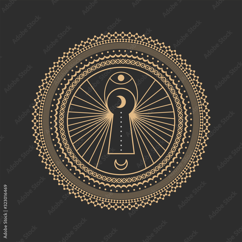 Circle Geometric Ornament key hole. Geometric alchemy symbol. Abstract mandala occult and mystic signs. Black background.	