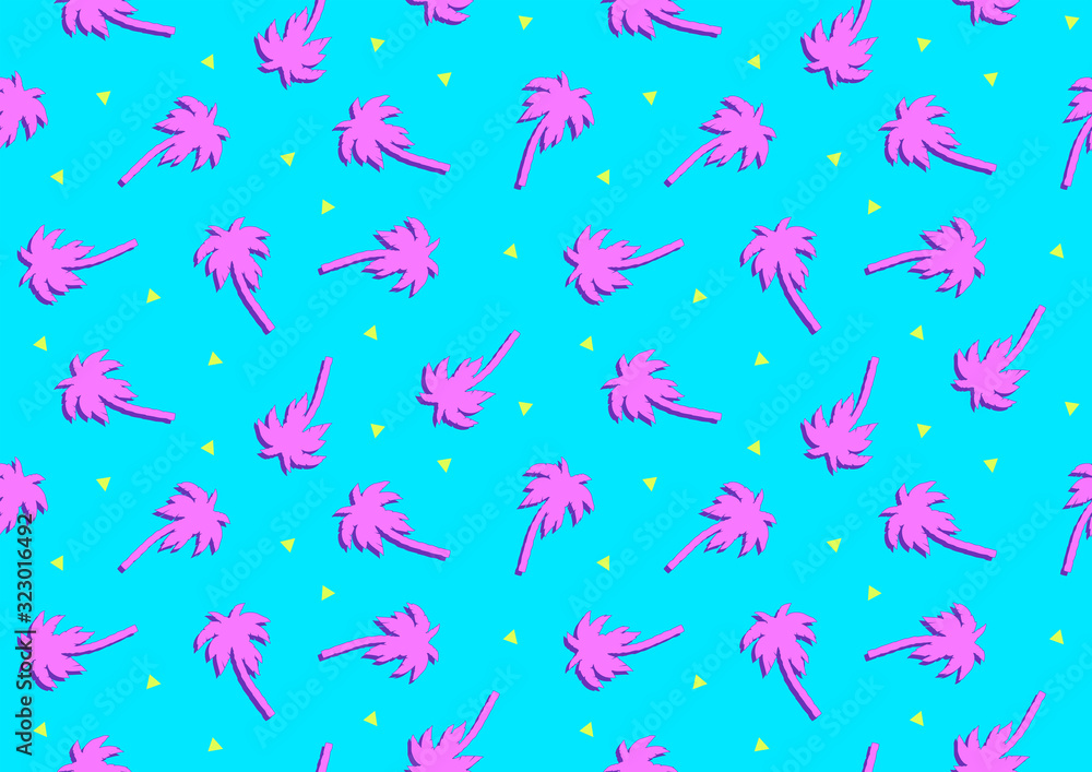 Vector illustration of seamless background with pink palm trees in nineties style