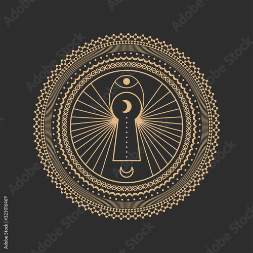 Circle Geometric Ornament key hole. Geometric alchemy symbol. Abstract mandala occult and mystic signs. Black background.	